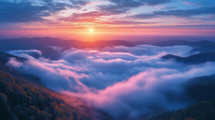 Fototapeta premium Majestic Mountain Sunrise with Sea of Clouds, Natural Landscape Wallpaper and Poster Design Material, HD Outdoor Scenery Photography