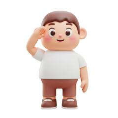 3d Rendering of Smiling Boy in White Shirt and Brown Pants Saluting on Transparent Background