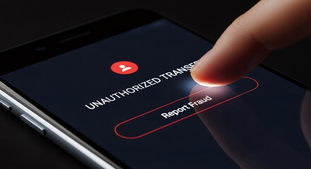 Woman finger touching report fraud button on smartphone screen. Concept of financial scam awareness and digital security against unauthorized transfer.