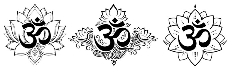 Om lotus emblems set in black and white