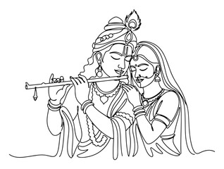 Lord Krishna playing flute with Radha line art black and white vector