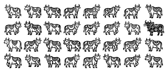 Obraz premium Sacred cow icon set Indian zebu black and white vector
