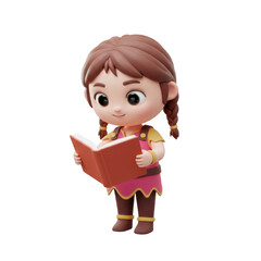 Animated Girl Reading Book with Brown Hair Braids in Yellow and Pink Attire