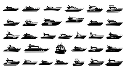 Modern Motorboat Icon Set, 20 Black Silhouette Boat Symbols, Minimalist Vector Collection for Watercraft, Travel, and Marine Transport