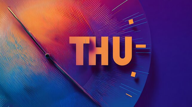 Artistic Thursday flat design, bold THU typography, abstract clock with gradient lines, minimal vibe