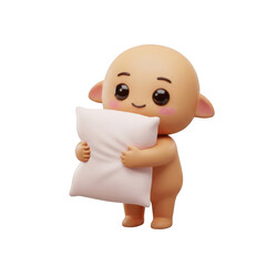 Cute Bald Cartoon Character Holding White Pillow Isolated on Transparent Background for Digital Art
