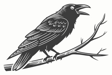 Stylized raven perched on a branch with open beak