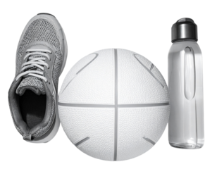 Photorealistic white netball with visible grip texture, placed next to a pair