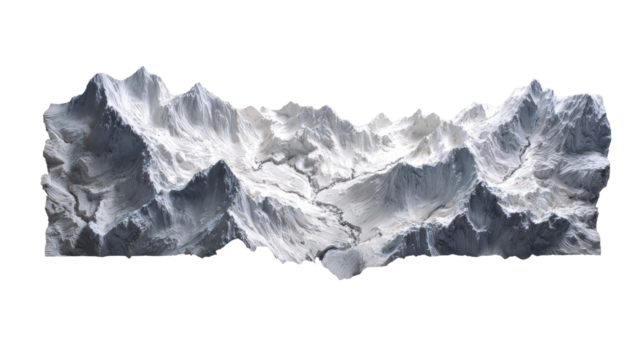 A sculpted, light gray mountain range, snow-capped.  Vast, detailed peaks and valleys