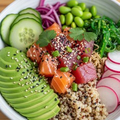 Vibrant and Healthy Poke Bowl with Fresh Ingredients and Grains.