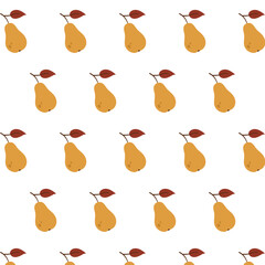 Seamless pattern with yellow pears and brown leaves on a white background. Simple and cozy autumn fruit design for textiles, wrapping, and seasonal decoration.