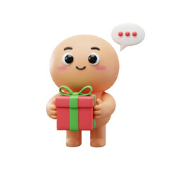 Cute 3D Character Holding Red Gift Box with Green Ribbon on Transparent Background