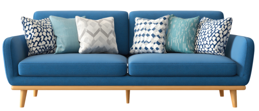 A modern, blue sofa with patterned throw pillows on a light wooden base