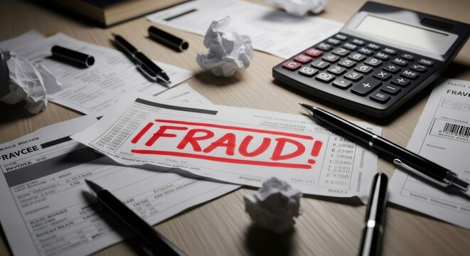 Document with red fraud stamp on a messy desk with calculator and crumpled paper. Financial scam and theft document.