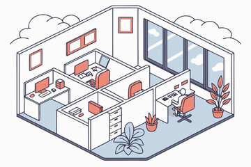 Isometric illustration of a modern office with cubicles and natural light