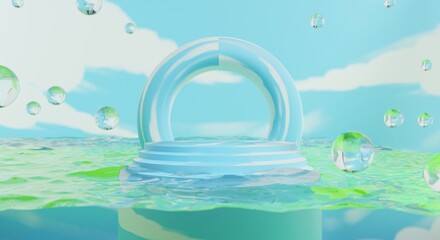 retro-future y2k 2000s frutiger aero aqua web 2.0 gloss with stage podium for product display showcase, 3d illustration rendering abstract background, technology and nature concept
