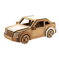 Cardboard toy car with cutout windows and wheels isolated