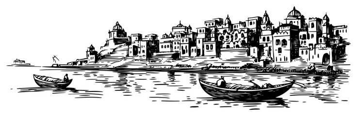Varanasi ghats on Ganges river with boats in monochrome engraving style