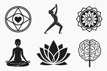 Collection of yoga and meditation symbols with brain and heart icons