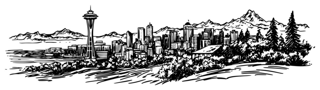 Seattle skyline with Space Needle and Mount Rainier in monochrome engraving style