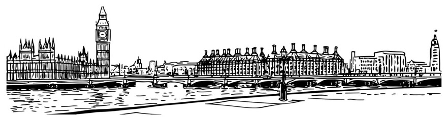 London Westminster and Big Ben riverside panorama hand drawn sketch vector © Katarzyna