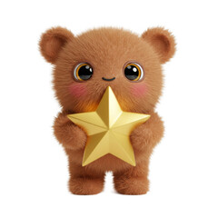 Brown Fluffy Bear Holding a Golden Star with Transparent Background and Cute Eyes