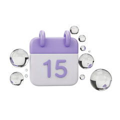 3d rendering of a calendar with the number 15 isolated on transparent background