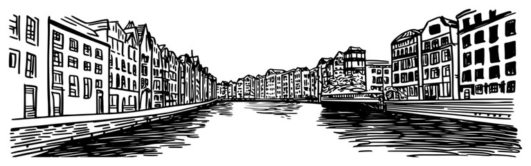 Amsterdam canal houses cityscape line art vector