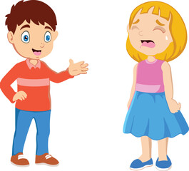 Crying girl with comforting boy illustration, emotional children character art, cartoon kids interaction design, cad drawing flat vector illustration