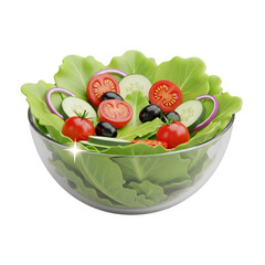 Fresh salad with lettuce, tomato, cucumber, onion, and olives isolated on transparent background, 3d