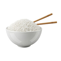 Bowl of white rice with chopsticks isolated on transparent background, close up, 3d