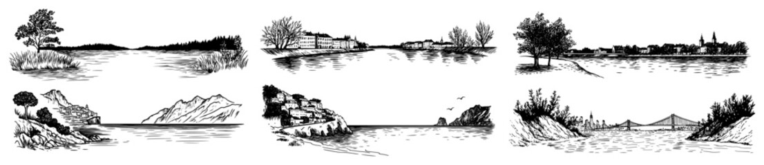 Rural river landscape sketch set line art vector © Katarzyna