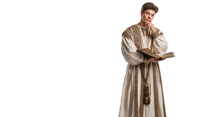 Naklejka premium Rich young ruler full body on transparent background, confident biblical man in clean rich robes with gold accents, isolated New Testament figure PNG.