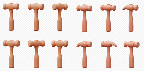 Twelve wooden hammers, some with round heads and others with claw heads, arranged in two rows on a transparent background.