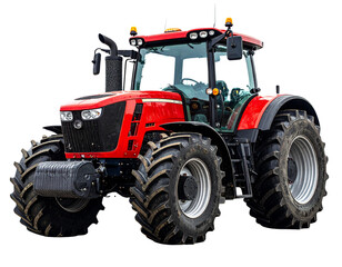  Angled Perspective of Red Farm Tractor with Dirt-Tread Tires, Modern Farming Machine PNG