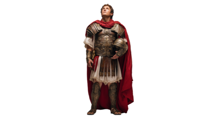 Roman centurion full body on transparent background, upright biblical soldier in full armor, isolated New Testament figure PNG.