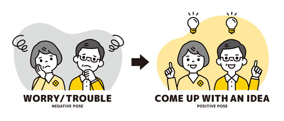 悩む表情と問題解消した明るい表情のおじいさんとおばあさんのベクターイラスト素材