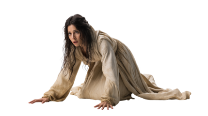 Weary pale woman full body on transparent background, biblical figure in faded robe kneeling in humility and prayer, isolated New Testament character PNG.