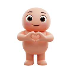 Cute Bald Cartoon Figure With Pink Cheeks and Heart Hand Gesture Isolated on Transparent Background