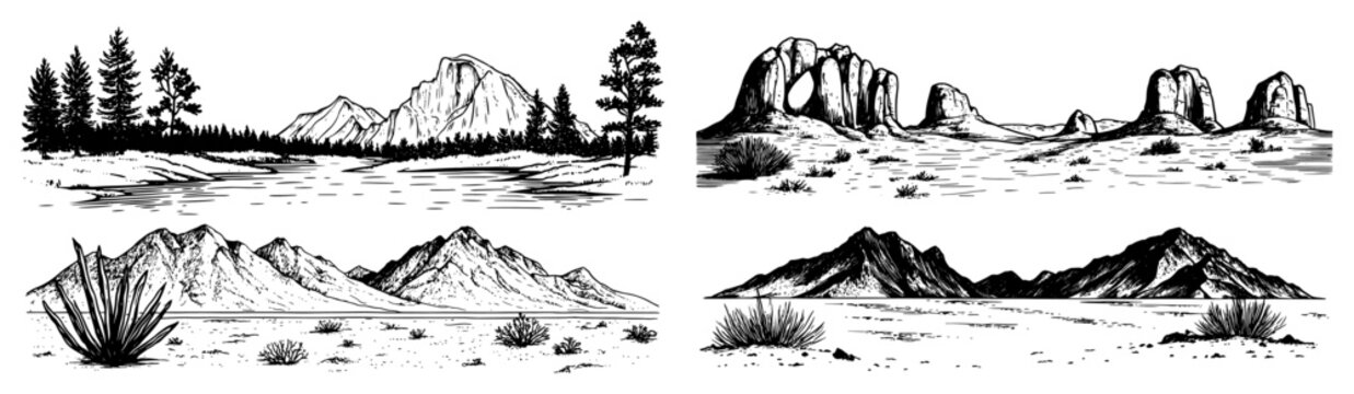 Mountain and desert landscape sketches set