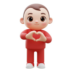3d Rendering of Boy in Red Outfit Making Heart Gesture on Transparent Background