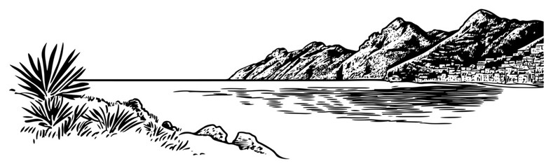 Sea coast landscape with mountains and town sketch
