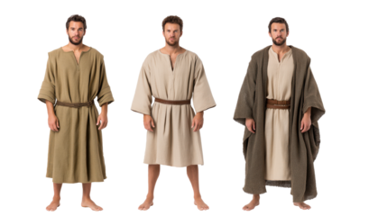 Shem, Ham and Japheth full body on transparent background, sons of Noah, Old Testament patriarchs in ancient robes, isolated biblical figures PNG.