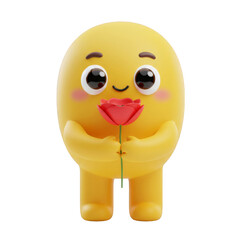 Yellow Emoji Holding Red Flower Rendering with Cute Smiling Expression on Transparent Background