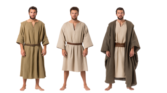 Shem, Ham and Japheth full body on transparent background, sons of Noah, Old Testament patriarchs in ancient robes, isolated biblical figures PNG.