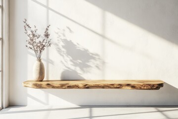 Natural wood shelf with vase and delicate flowers