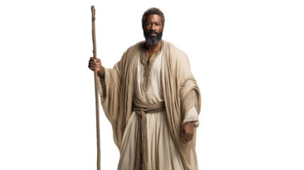 Simeon the Elder full body on transparent background, elderly biblical man in temple garments gently cradling infant Jesus, isolated New Testament figure PNG.