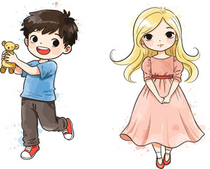 Cute cartoon boy and girl character illustration with teddy bear and pink dress, isolated on white watercolor splash background