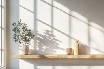 Sunlight creates soft shadows on a wooden shelf
