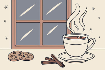 Cozy winter scene with hot chocolate and cookies by the window